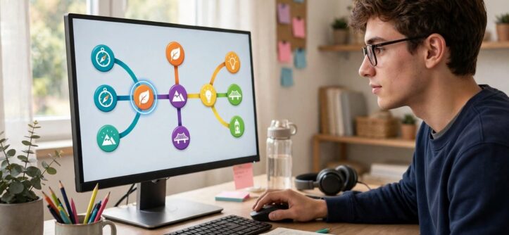 Learner choosing branching scenario path inside interactive educational game scene