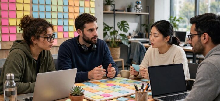 Mobile game development team planning sprint tasks around shared board