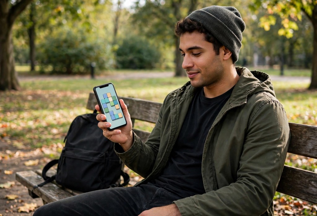 Player enjoying offline Android game on affordable smartphone outdoors