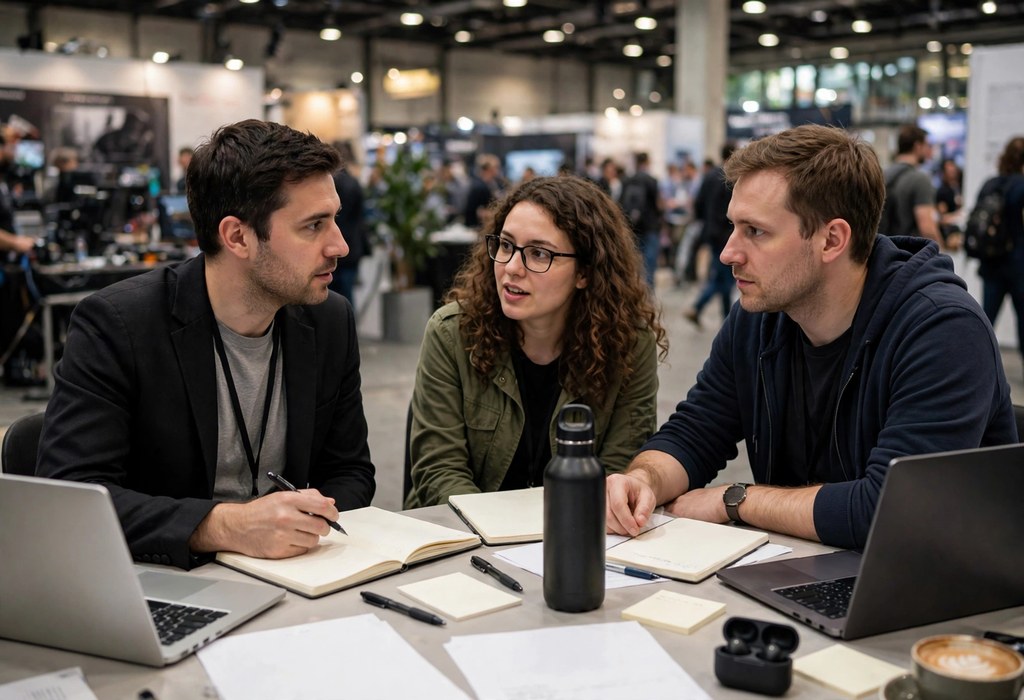 Producer interviewing game developers at an industry conference meeting table