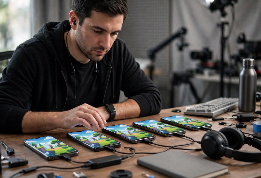 Producer testing mobile game builds across phones for platform fit check