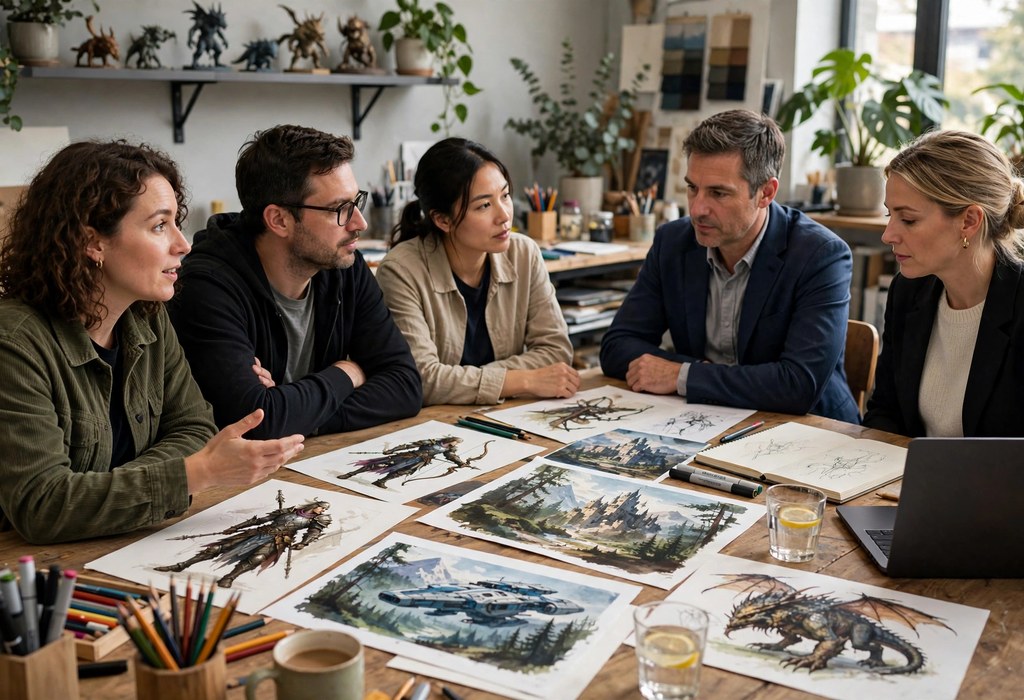 Studio team discussing genre fit and creative vision with game client