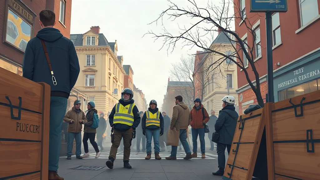 A man in a hoodie stands among pedestrians and workers in hi-vis vests on a city street.